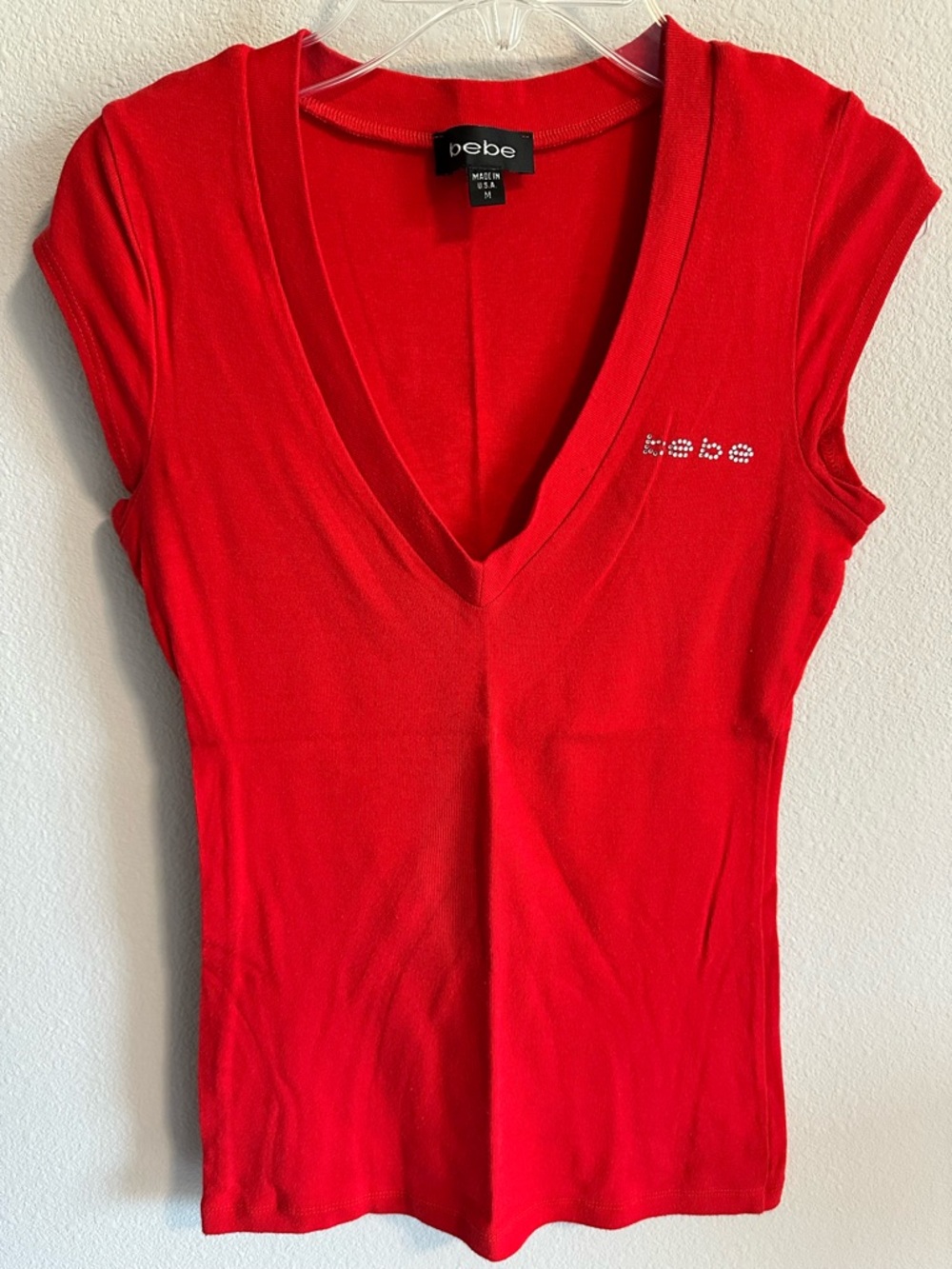bebe Red V-Neck Cap Sleeve Logo Top made in USA size M